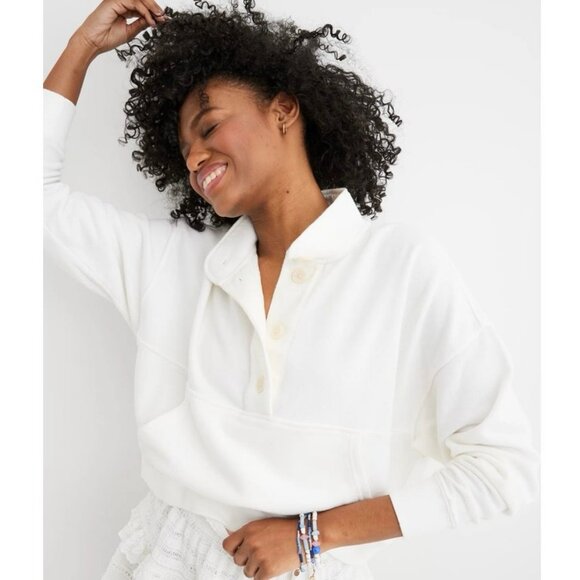 Aerie White Quarter Button Mock Neck Cropped Sweatshirt Size Large Pullover - Picture 1 of 8